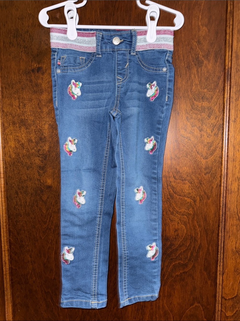 Vigoss Girls Blue Jeans with Rainbow Unicorn Patches and Pink Sparkle Waistband